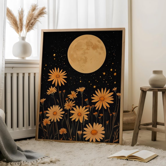 Full Moon And Daisiescelestial Daisiesgloomy Moody Artnight Artdark Academia Moonboho Art Printscelestial Daisies Prints