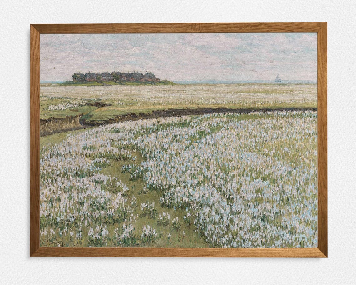 Vintage Landscape Oil Painting, Floral Field Scene - Image 3