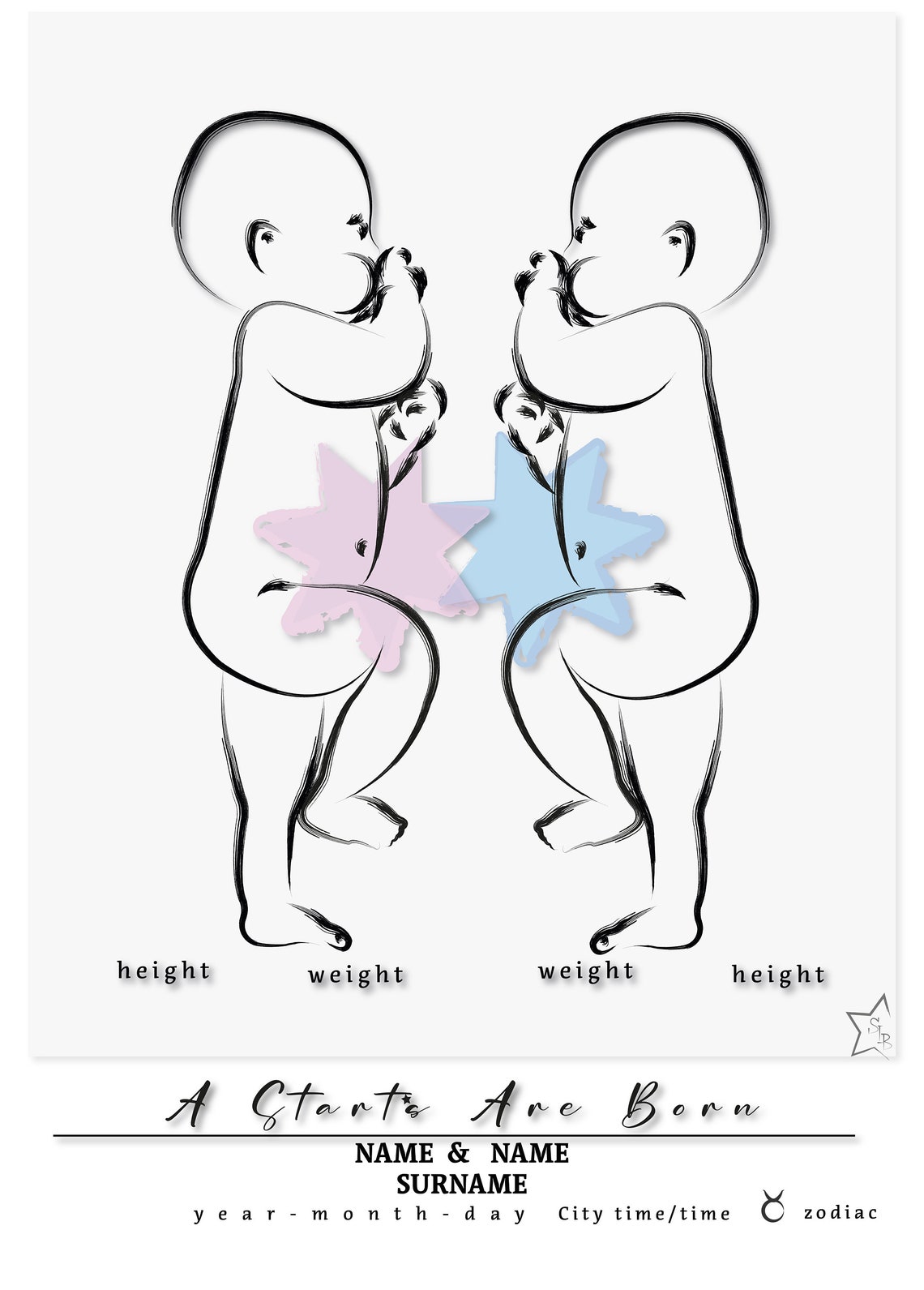 Twins A Star Is Born Personalised Birth Details Nursery Wall Art - Image 2