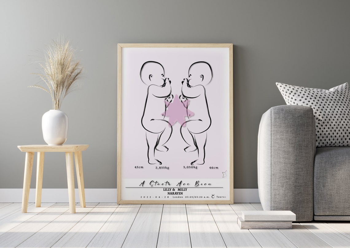 Twins A Star Is Born Personalised Birth Details Nursery Wall Art
