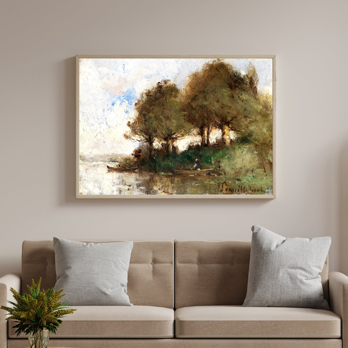 Vintage Oil Painting Sunlit River Boats Under Dark Trees Art Poster - Image 2