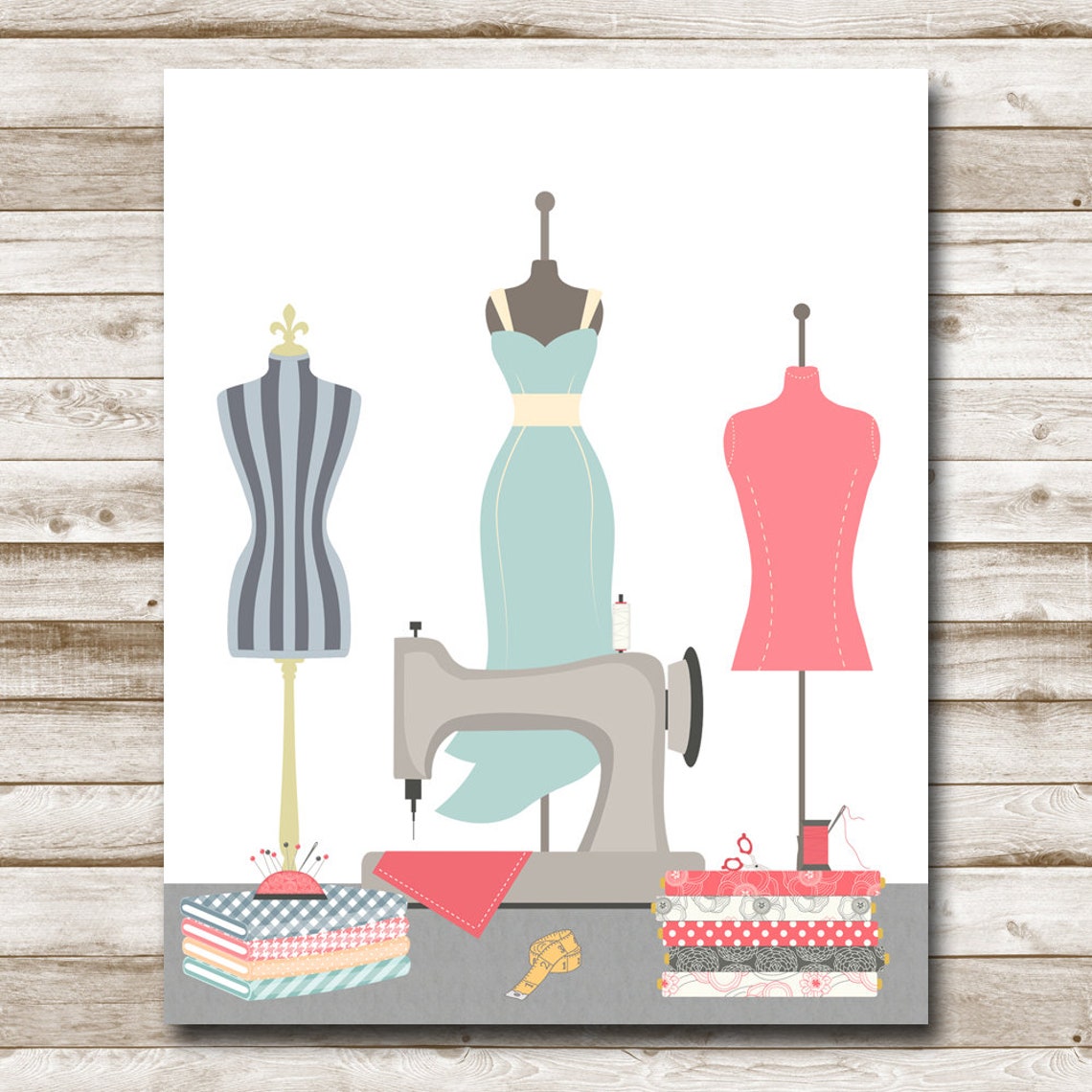 Sewing Room Dress Forms and Vintage Machine Illustration Art Poster - Image 3
