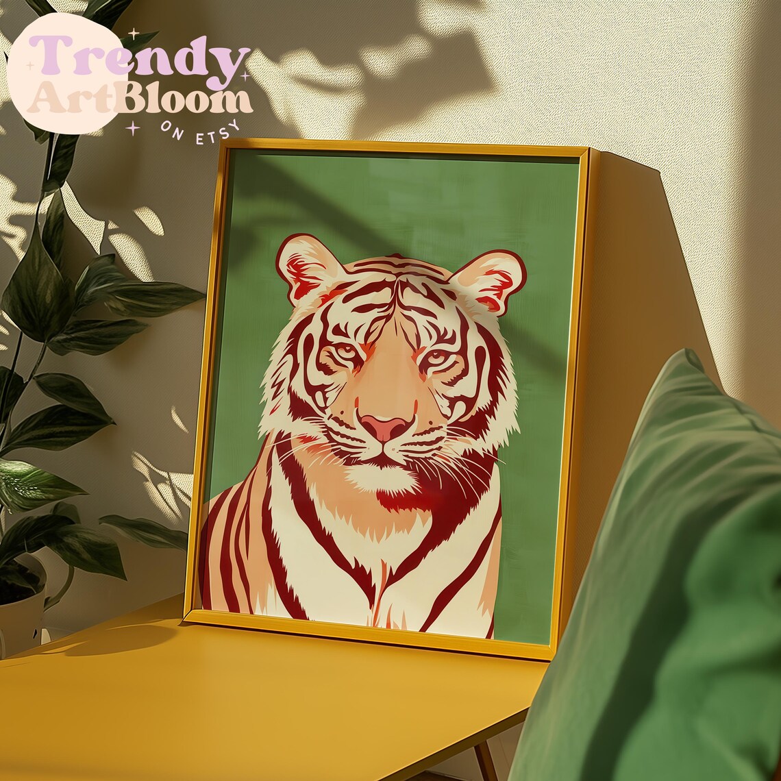 Retro Orange Tiger Face Illustration on Deep Green Background Poster - Image 4