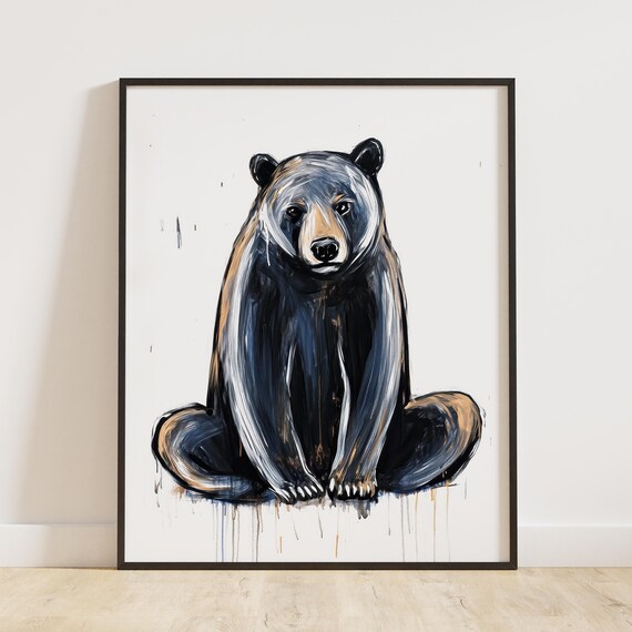 Seated Black Bear Ink Sketch on White Minimalist Background Poster