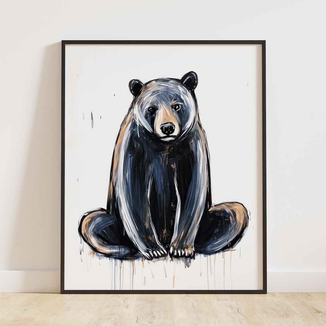 Seated Black Bear Ink Sketch on White Minimalist Background Poster