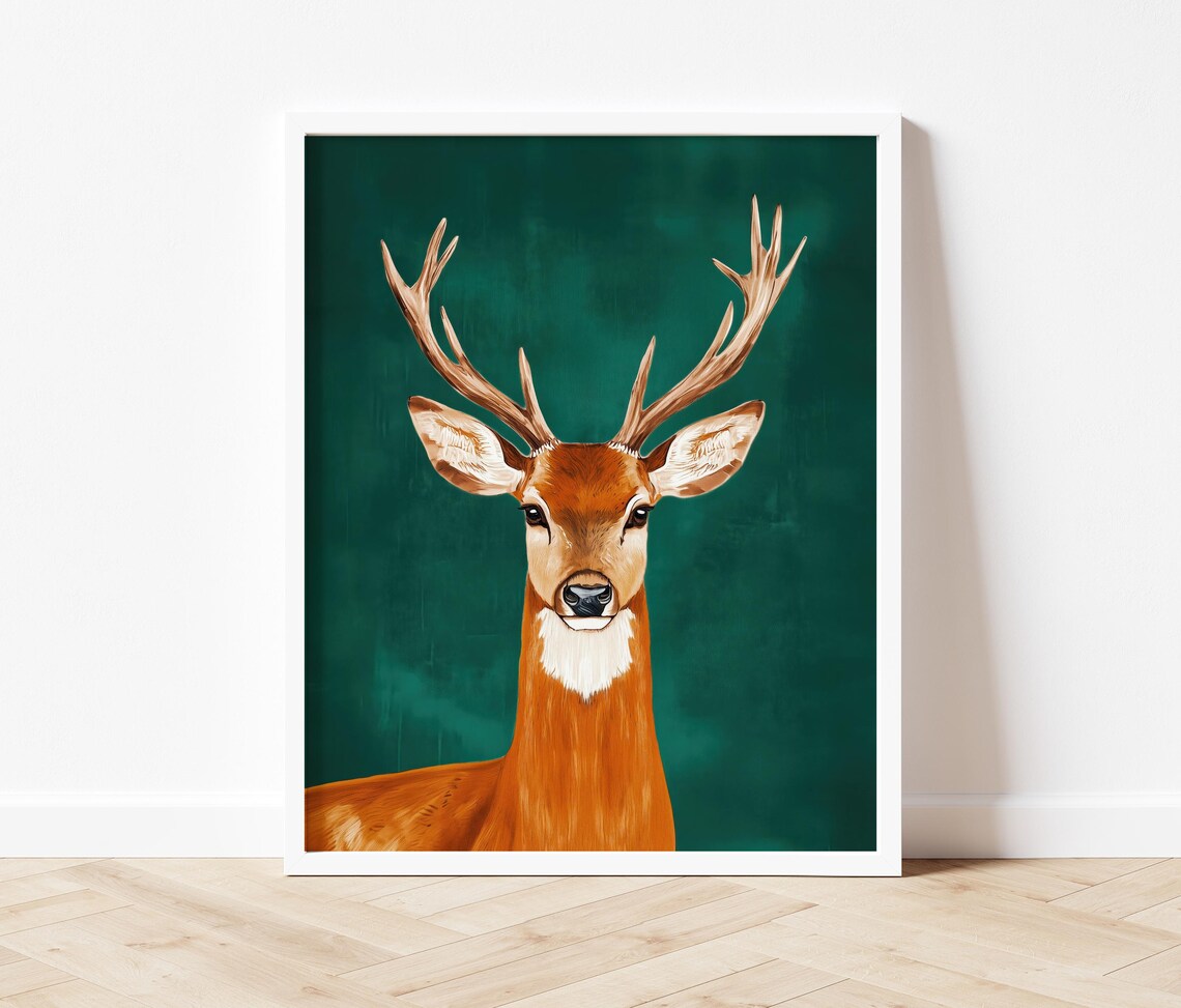 Majestic Stag With Antlers Emerald Green Background Wildlife Art Poster - Image 2