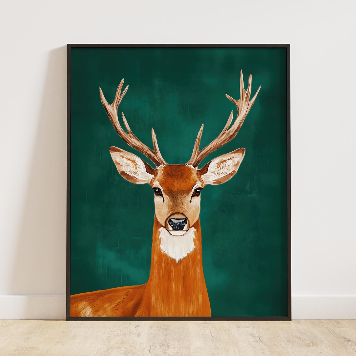 Majestic Stag With Antlers Emerald Green Background Wildlife Art Poster - Image 5