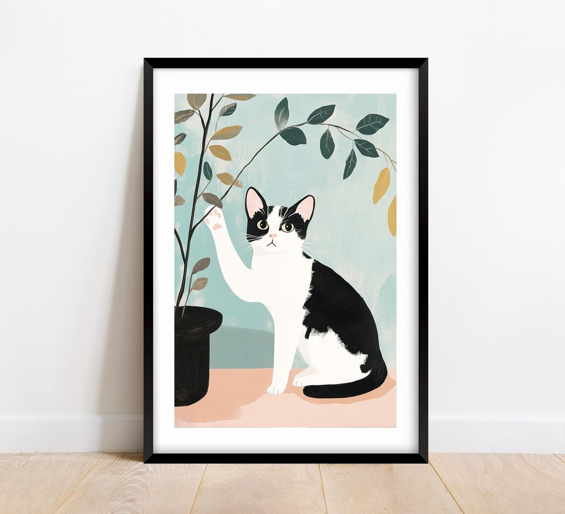 Black And White Tuxedo Cat Reaching For Leaf Playful Art Poster - Image 2