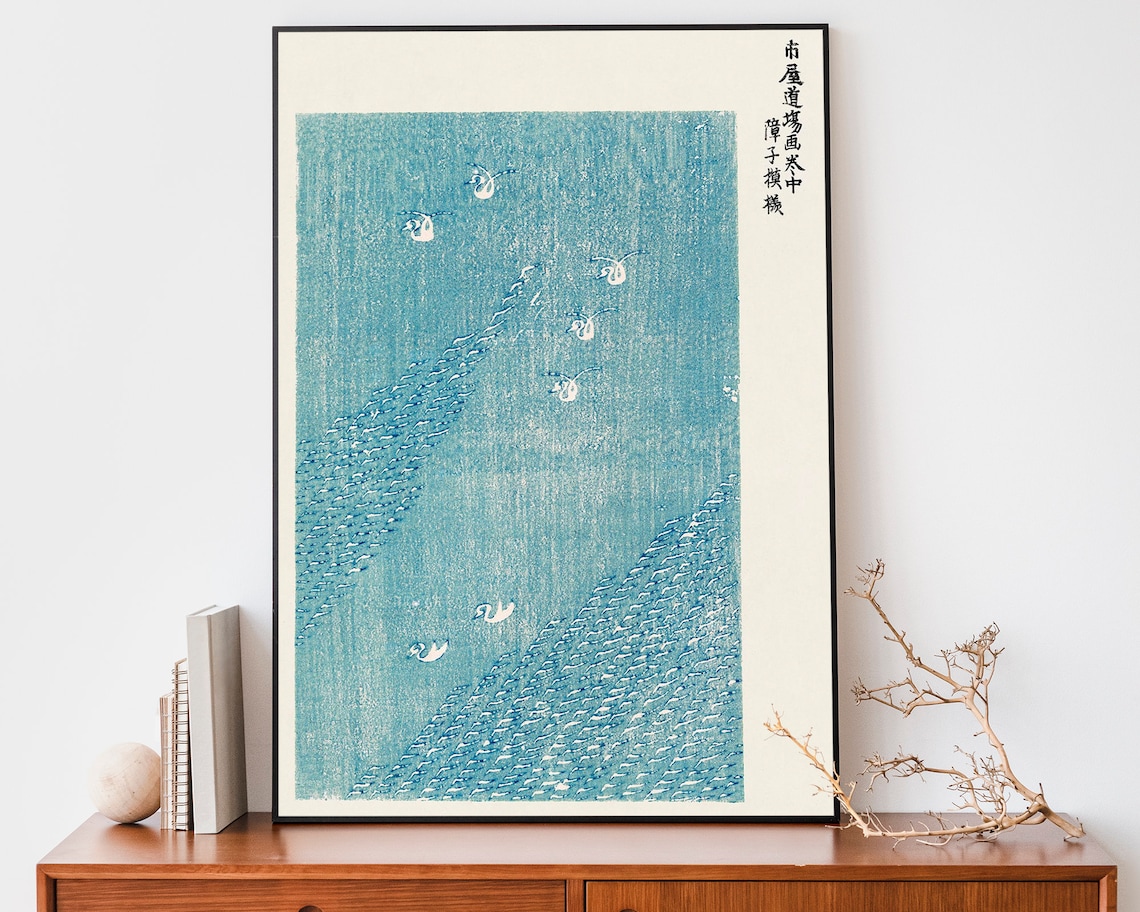 Teal Blue Lake With White Birds Modern Japanese Woodblock Poster