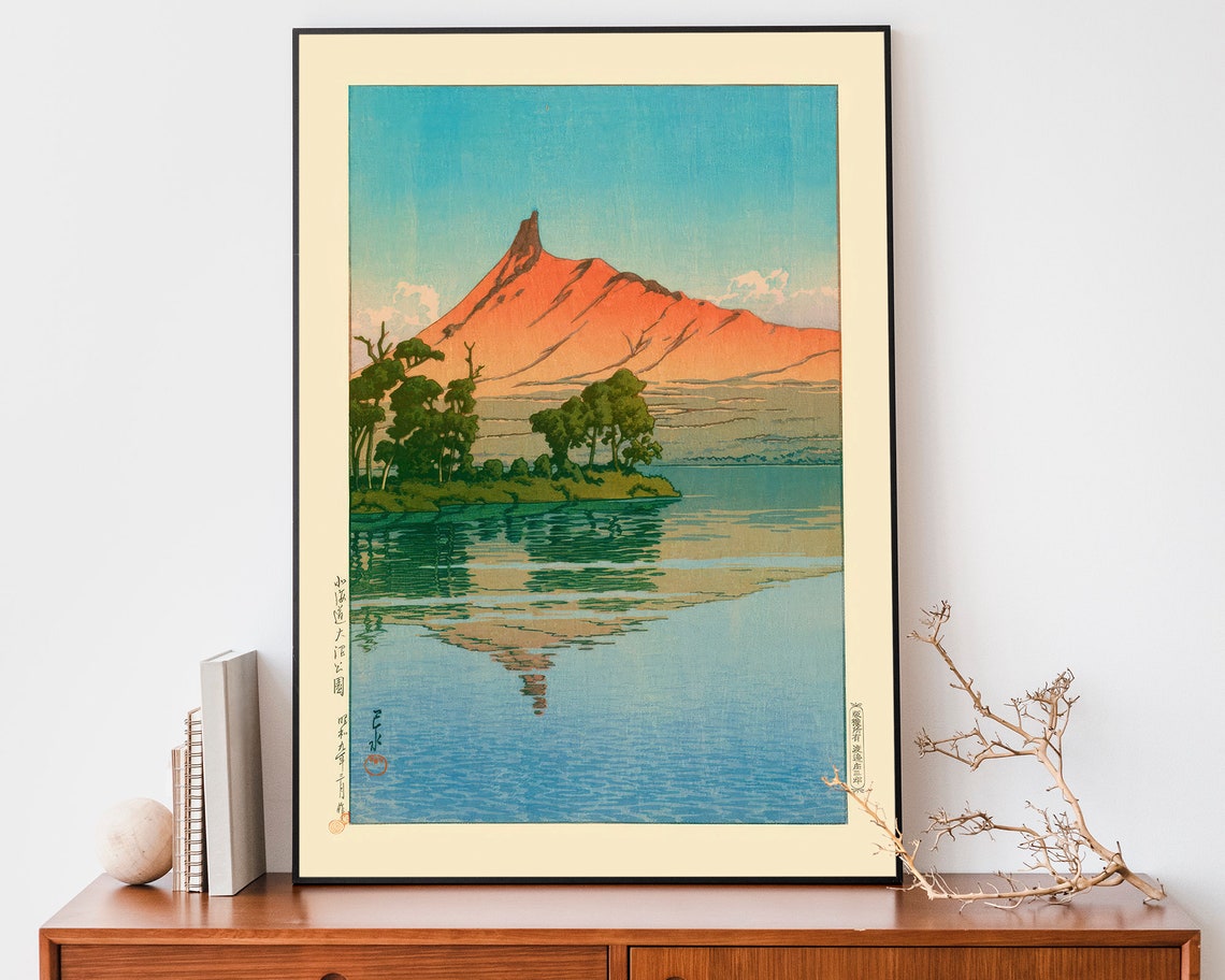 Japanese Red Mountain Lake Reflection Woodblock Style Dawn Poster