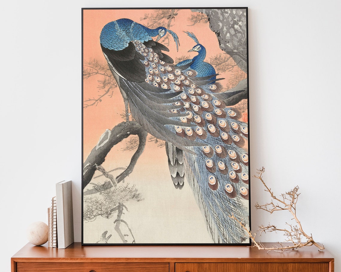 Ohara Koson Two Peacocks Perched On Pine Branch Pink Sky Poster