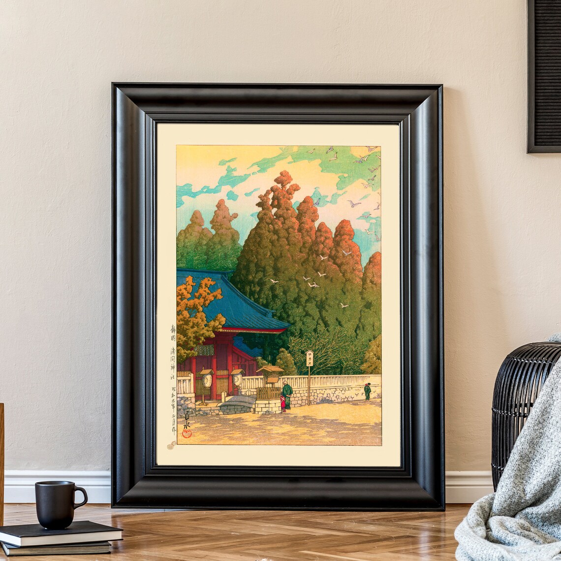 Japanese Red Shrine Autumn Trees Birds Woodblock Style Art Poster - Image 3