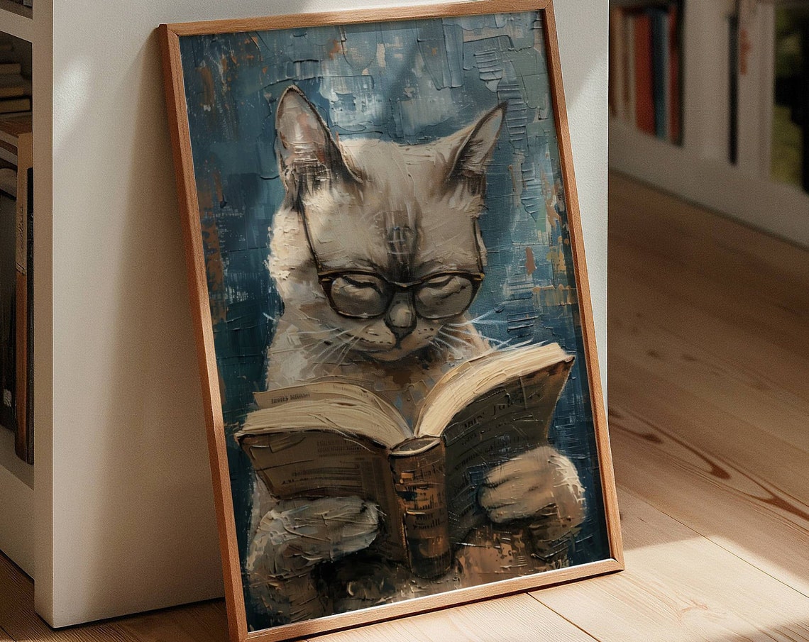 Siamese Cat With Glasses Reading A Book In A Library Art Poster - Image 7