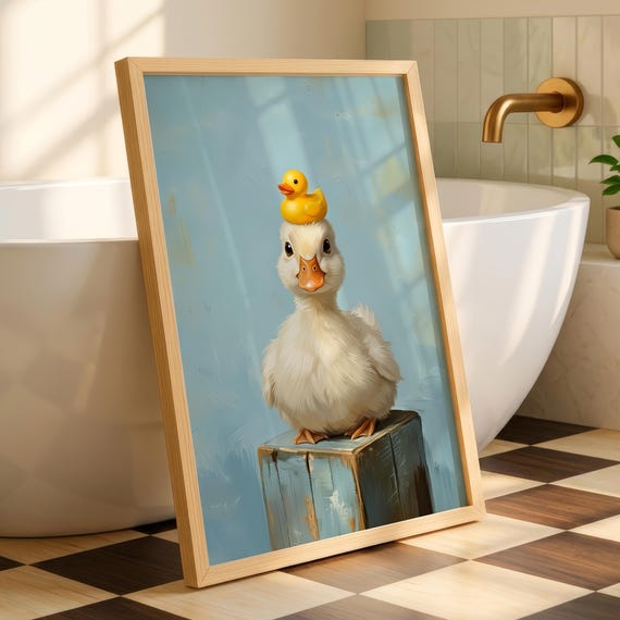 Duckling Bathroom Art Printable Cute Rubber Duck Poster Vintage Farm Animal Bath Decor Whimsical Powder Room Print Digital Download