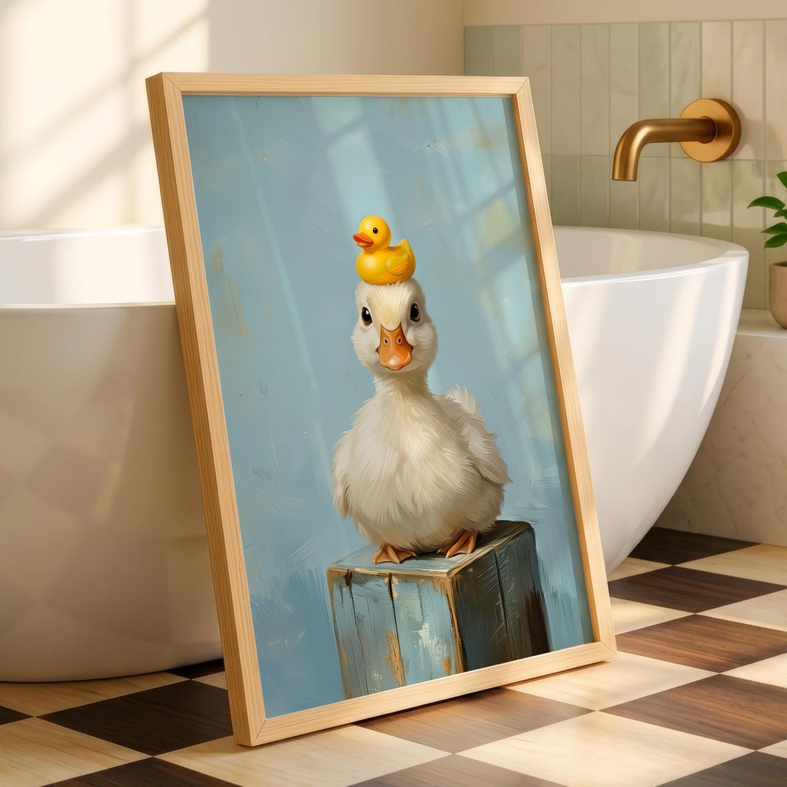 Cute Duckling Bathroom Art Fluffy White Duck With Rubber Duck Poster