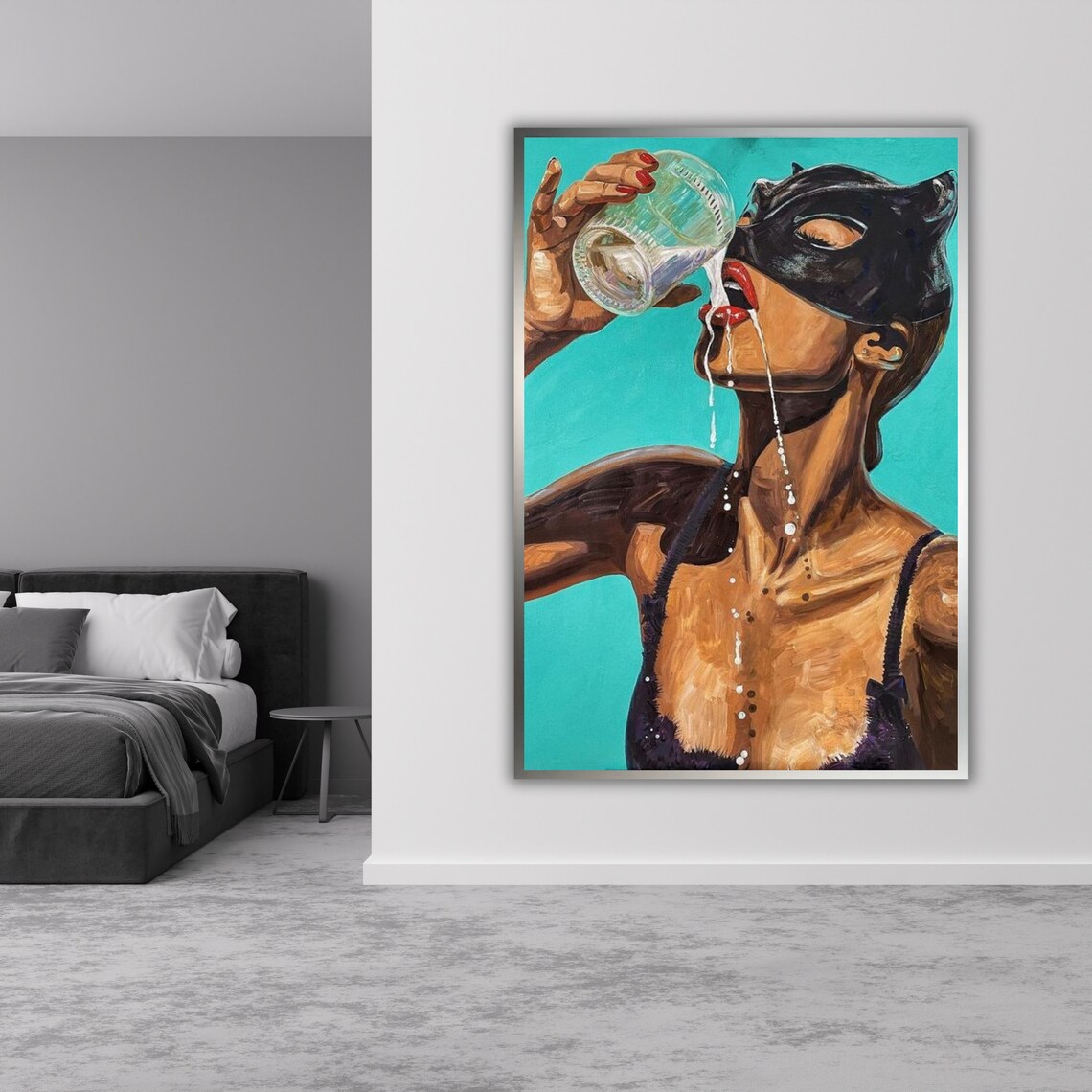 Cat Woman Drinking Milk, Modern Home Art Print - Image 3