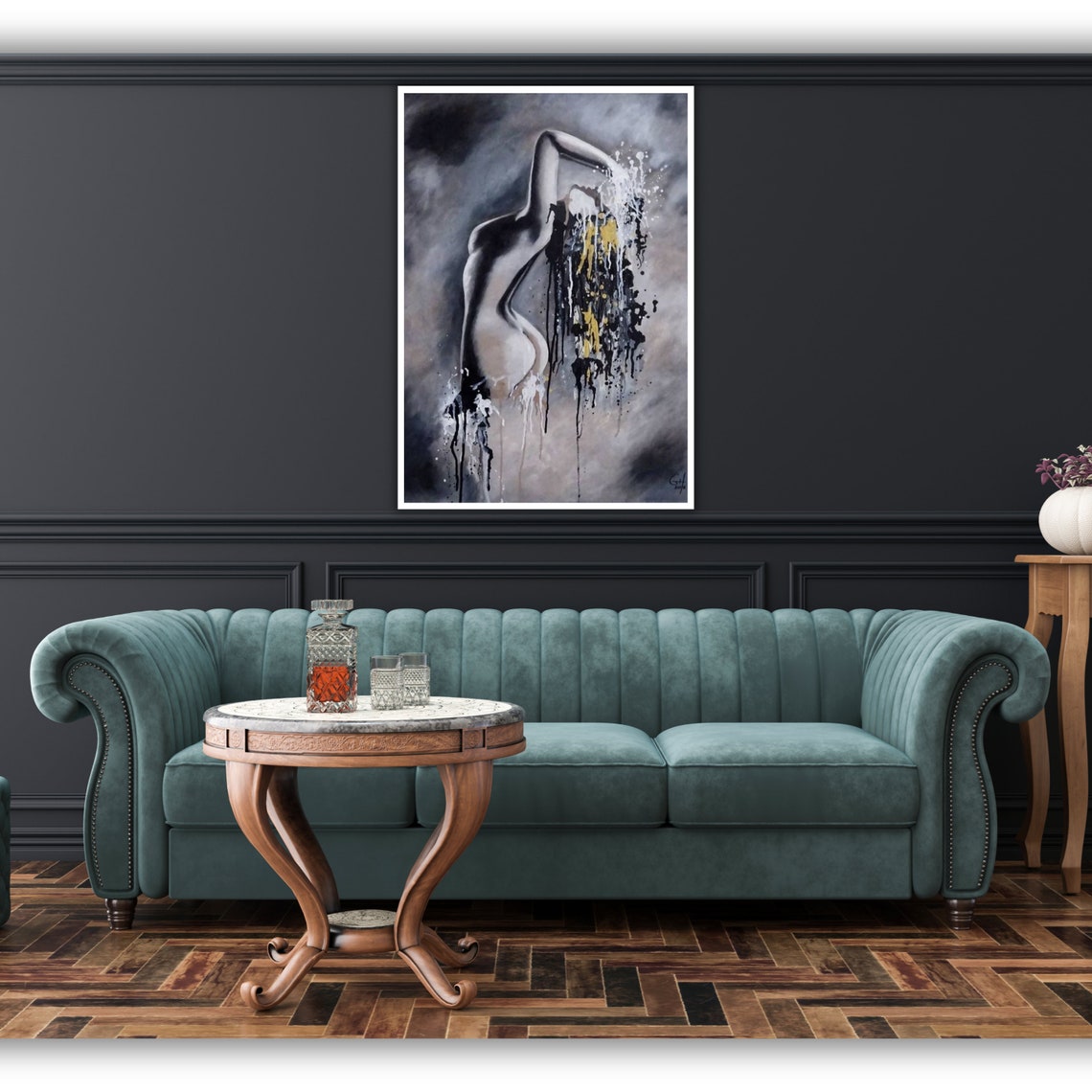 Monochrome Female Torso Gold Black Paint Drip Abstract Art Poster - Image 5