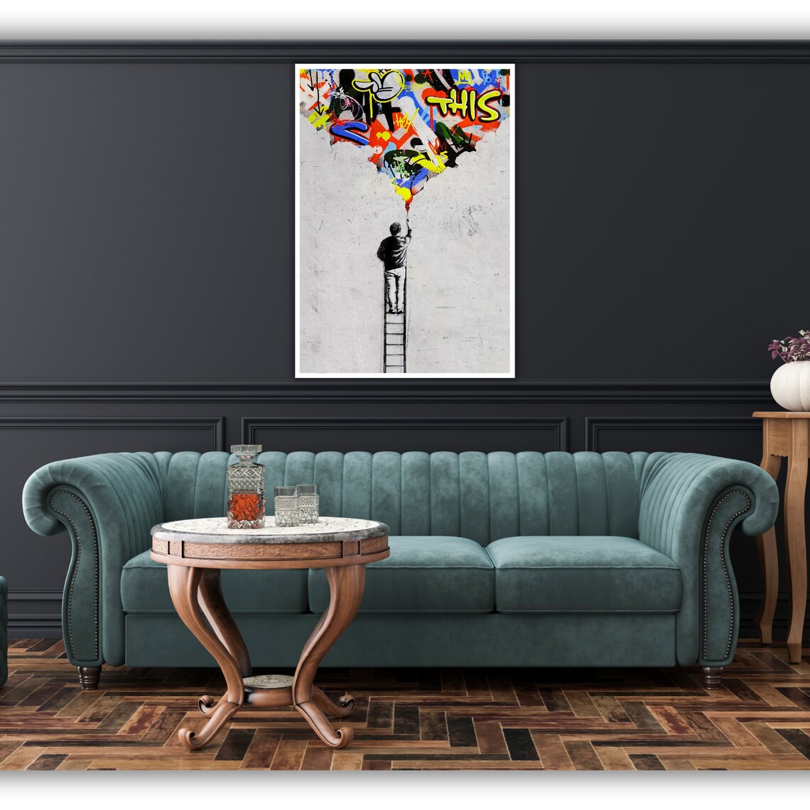 Man on Ladder Painting Graffiti Sky Banksy Style Urban Poster - Image 2