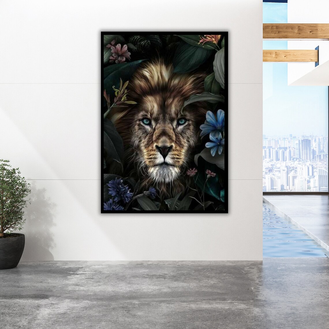 Lion Portrait In Dark Tropical Flowers Moody Jungle Wildlife Fine Art Poster - Image 2