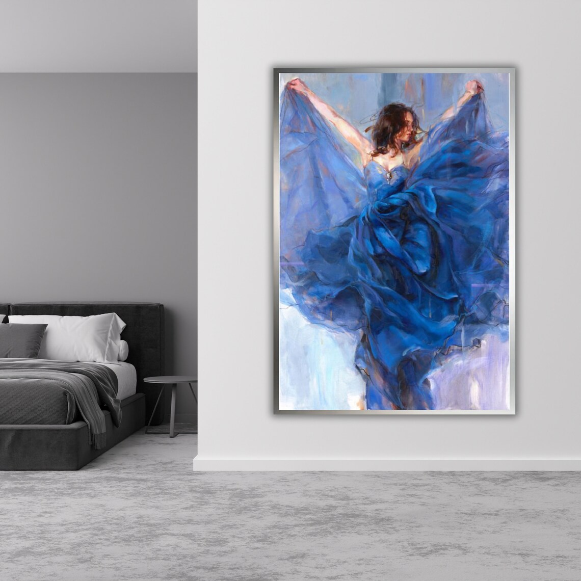 Woman In Flowing Blue Dress Dancing Flamenco Style Oil Painting Art Poster - Image 3