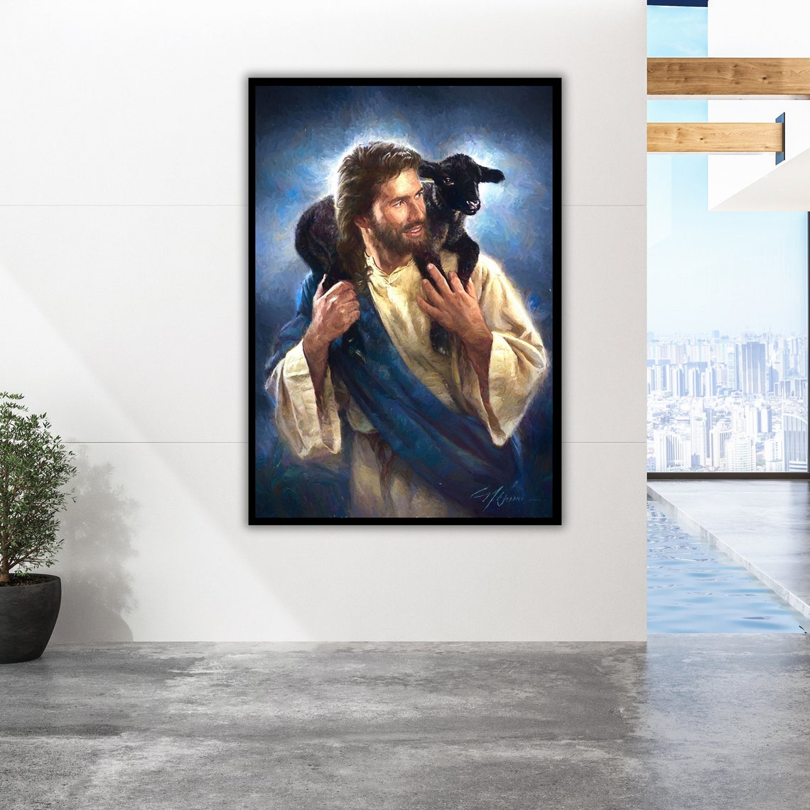 Jesus Carrying Black Lamb Shoulders Good Shepherd Oil Art Poster - Image 2