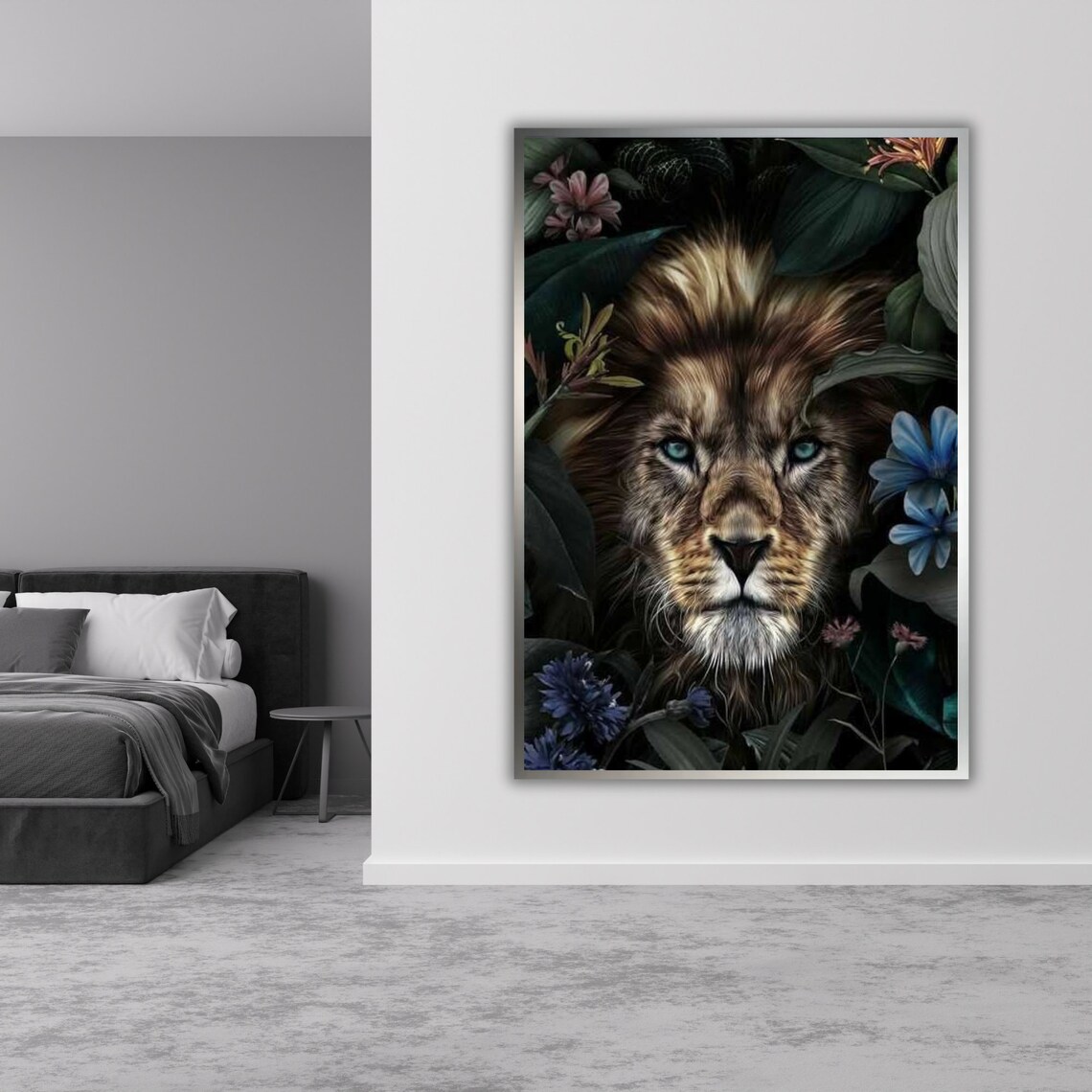Lion Portrait In Dark Tropical Flowers Moody Jungle Wildlife Fine Art Poster - Image 4