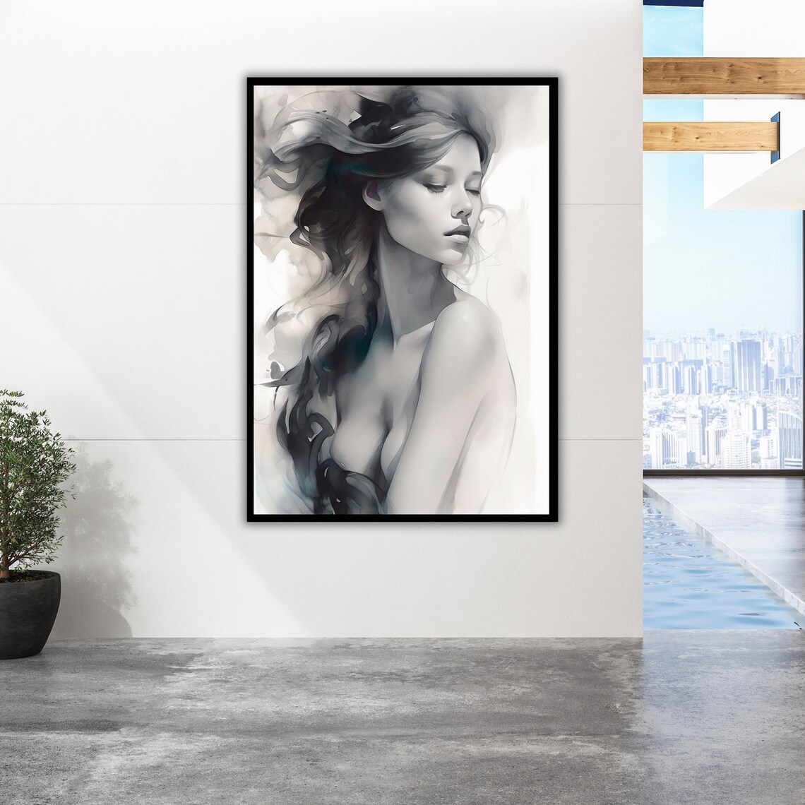 Black and White Watercolor Woman Portrait Flowing Hair Art Poster - Image 3