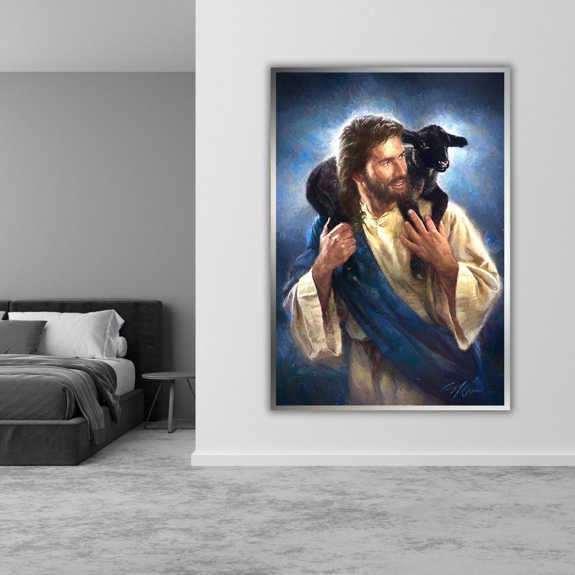 Jesus Carrying Black Lamb Shoulders Good Shepherd Oil Art Poster - Image 5
