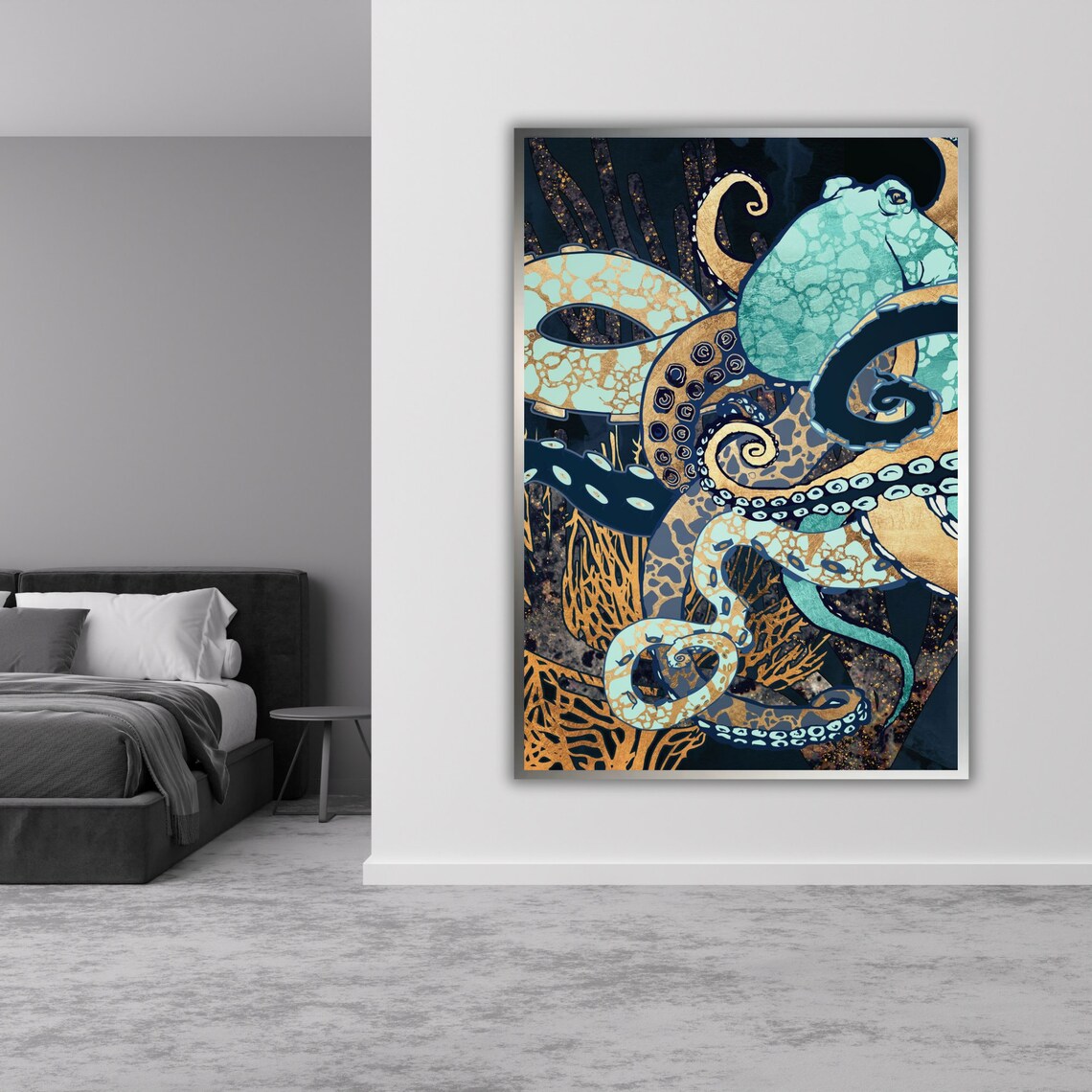 Octopus Abstract Art Print Metallic Wall Decor Ready To Hang Framed Print - Image 3