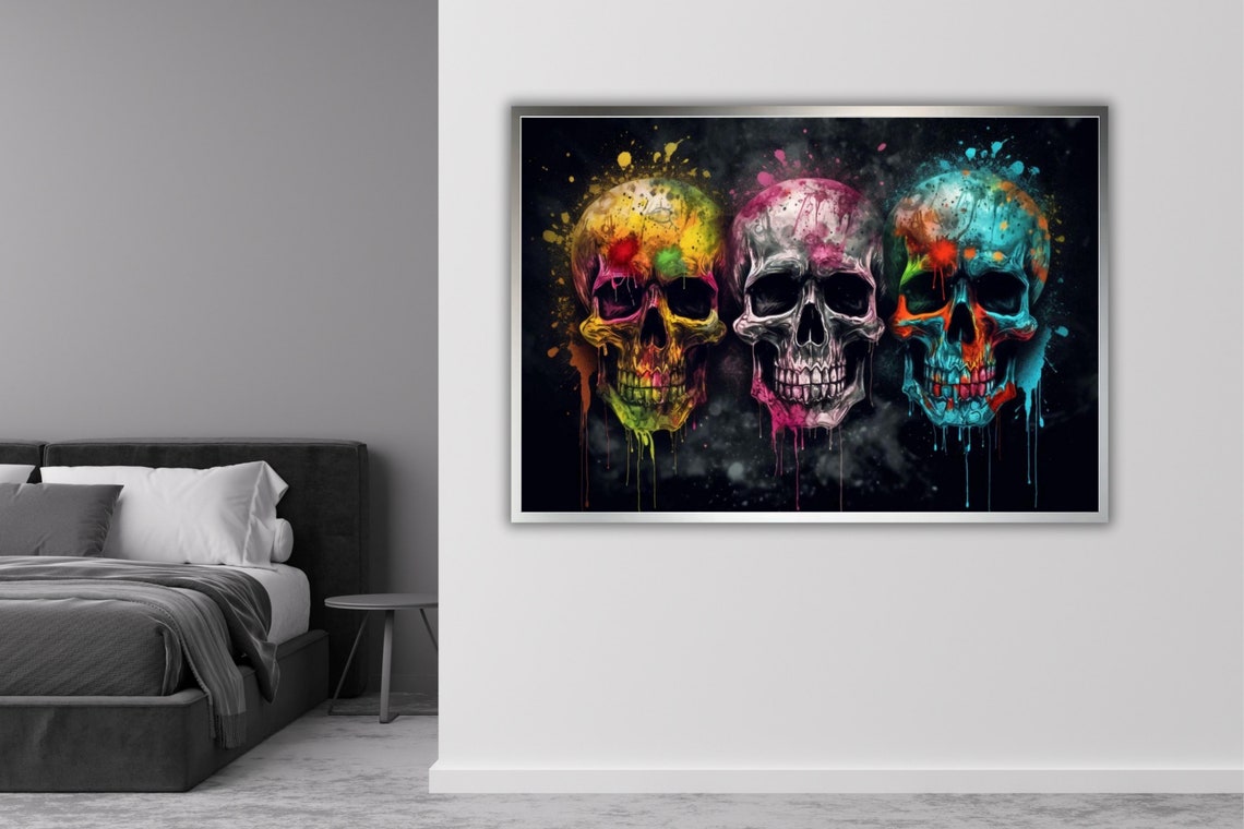 Three Colorful Graffiti Skulls Black Background Street Art Wall Poster - Image 4