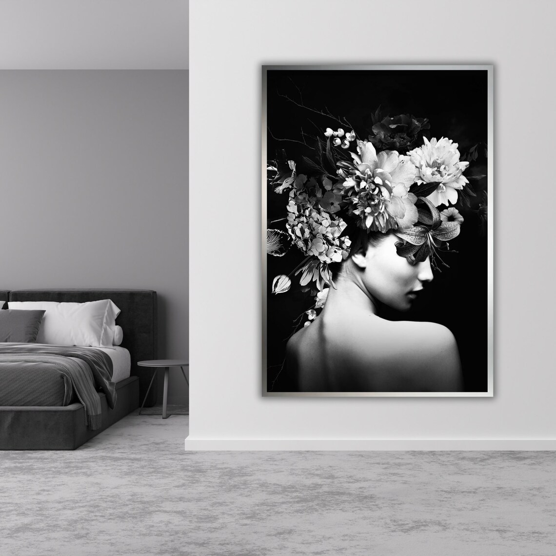 Black and White Woman Floral Headpiece Elegant Beauty Poster - Image 3