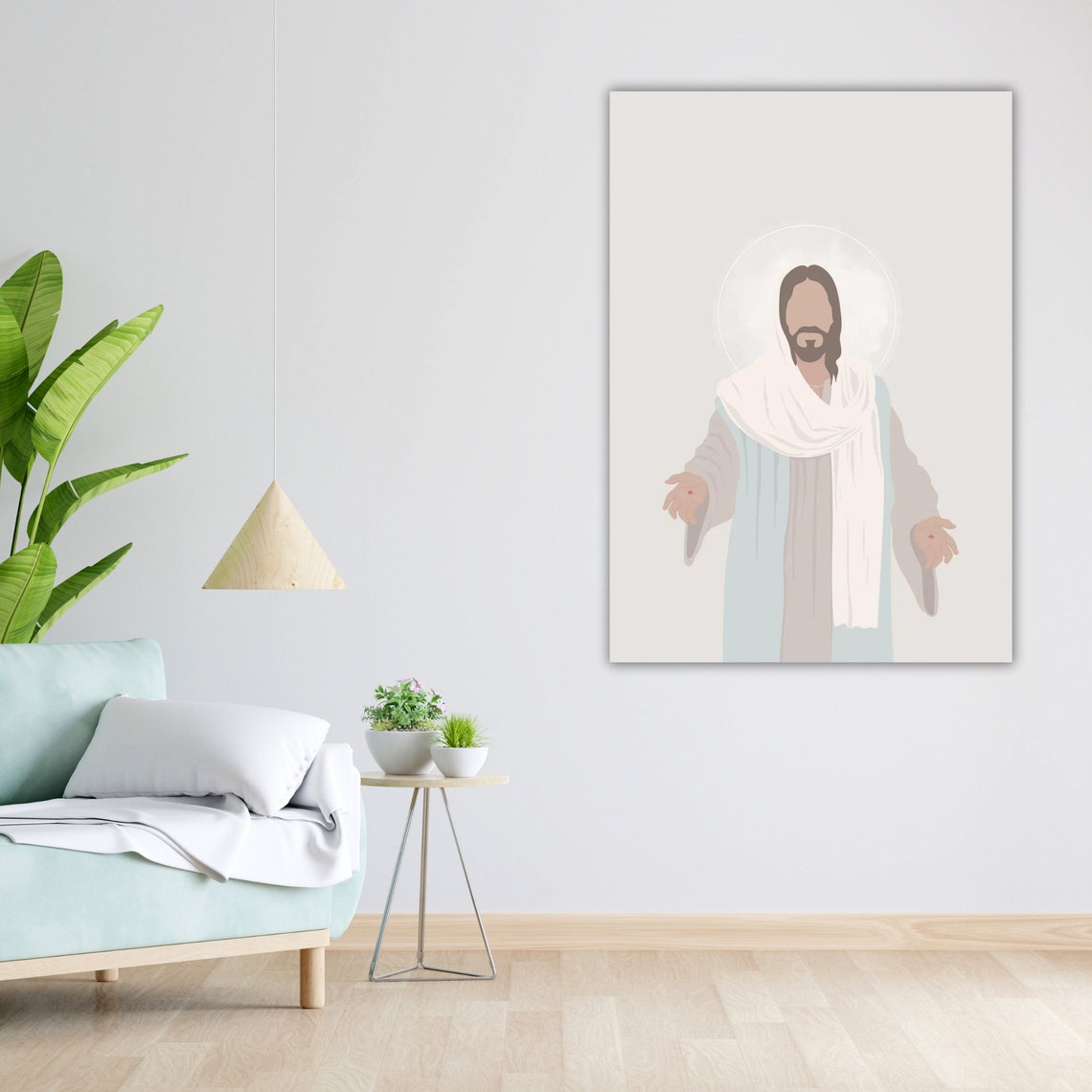 Minimalist Faceless Jesus White Robe Soft Neutral Christian Poster - Image 3