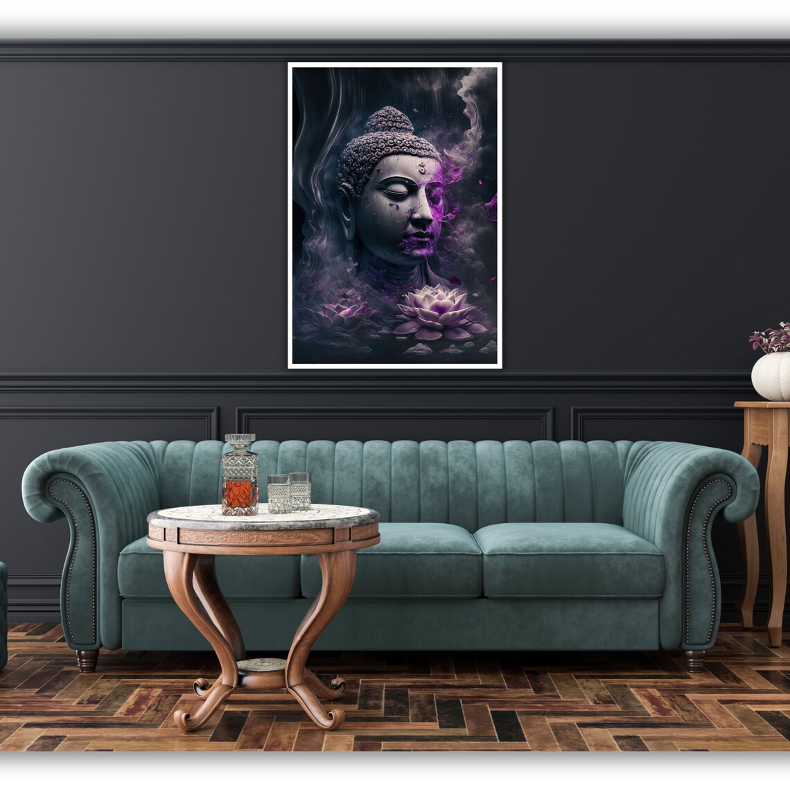 Dark Buddha Stone Head Purple Smoke Lotus Flowers Zen Art Poster - Image 5
