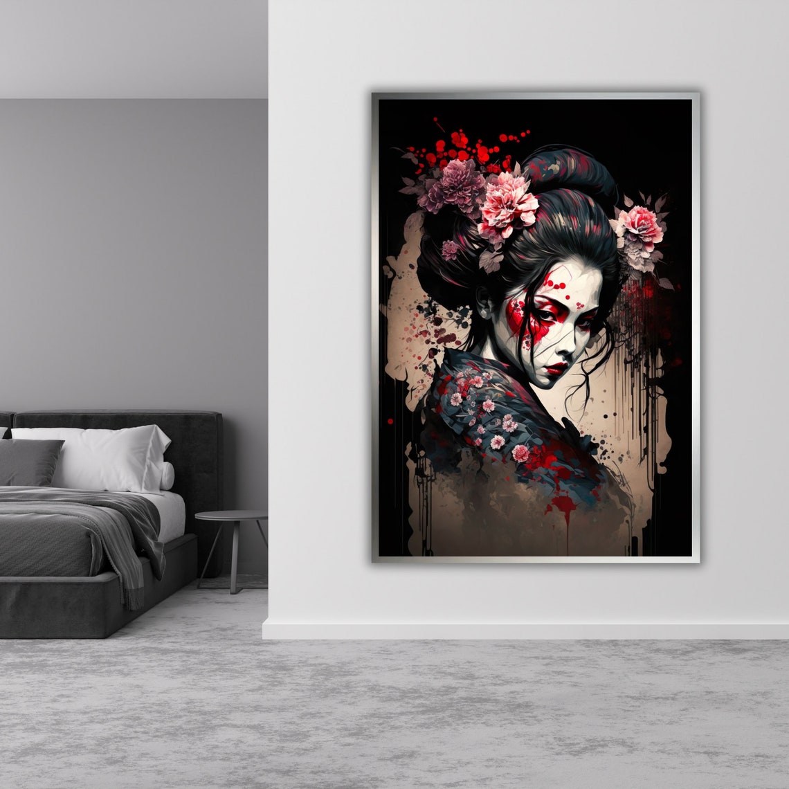 Japanese Geisha Ink Portrait Cherry Blossoms Red Black Wall Poster - Image 3