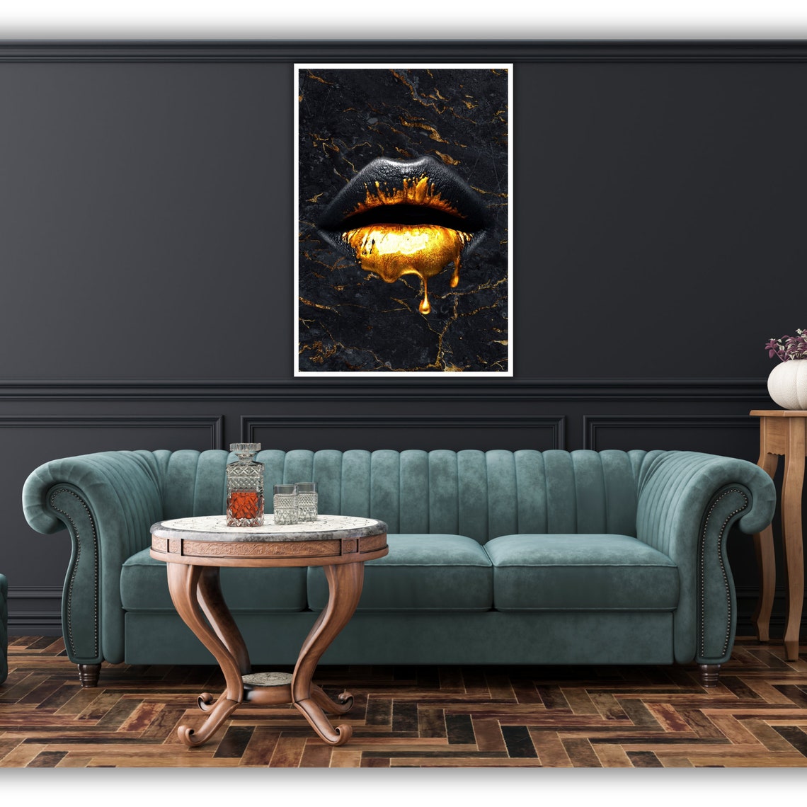 Gold Dripping Lips On Black Marble Glam Luxury Wall Art Poster - Image 2