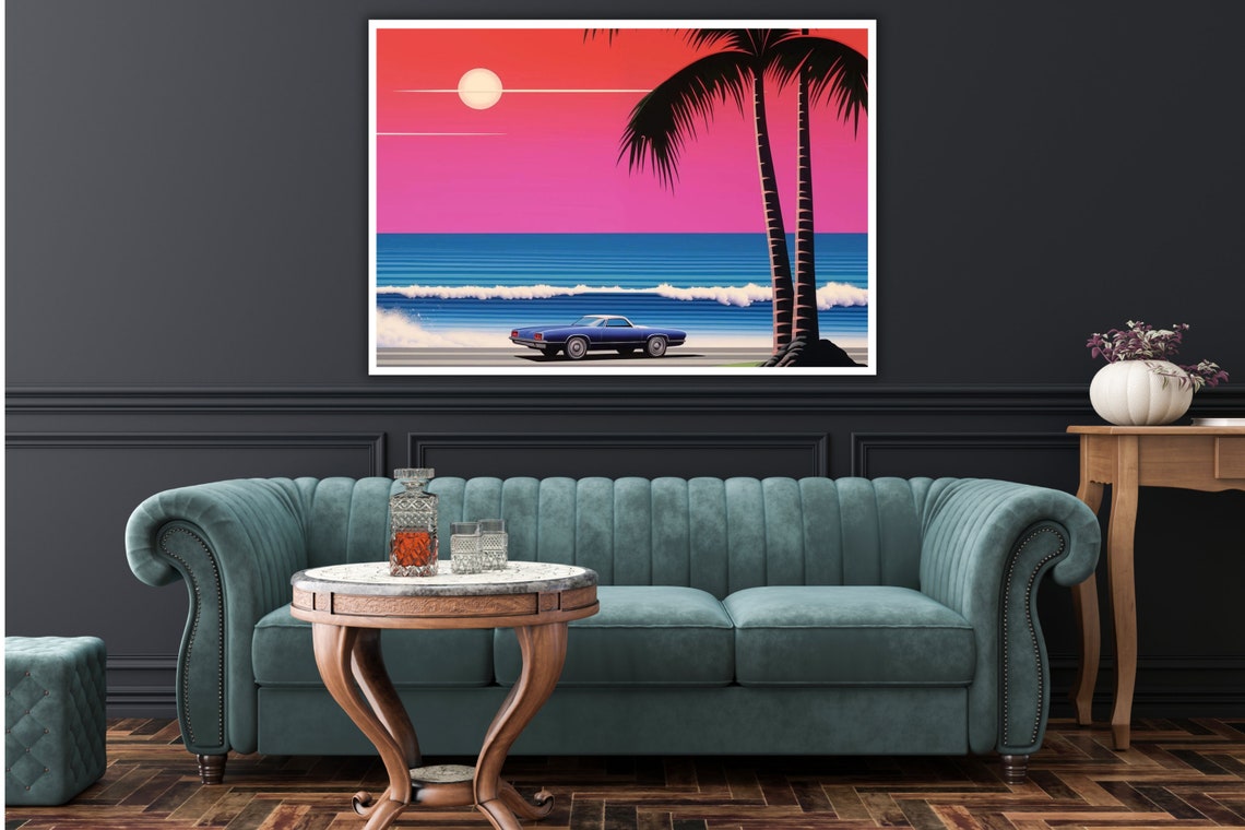 Retro Classic Car Tropical Beach Palm Trees Sunset Drive Poster - Image 3