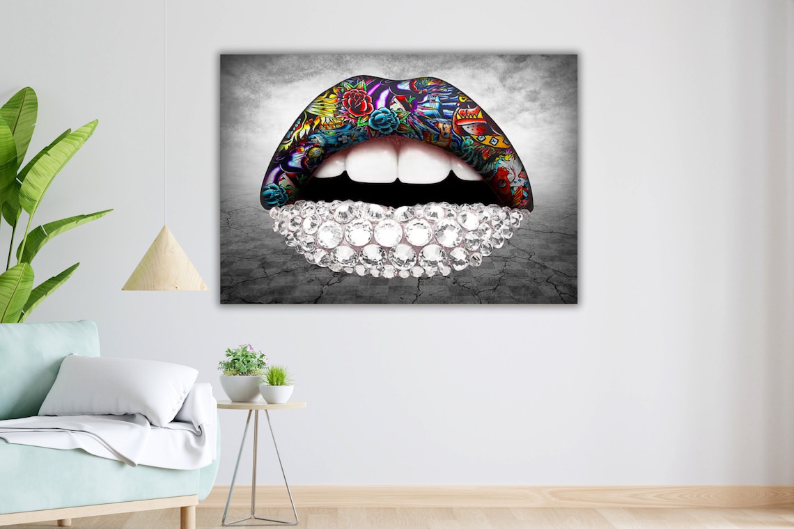 Tattoo Lips Diamond Encrusted Colorful Pop Art Bold Beauty Poster