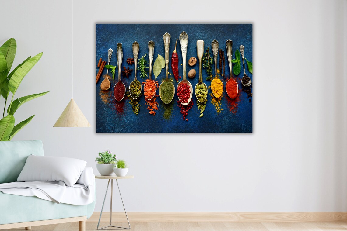 Colorful Spices In Spoons Dark Blue Kitchen Food Photography Poster