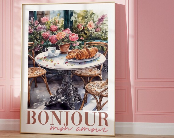 Bonjour Mon Amour French Cafe Croissant Watercolor Kitchen Wall Art