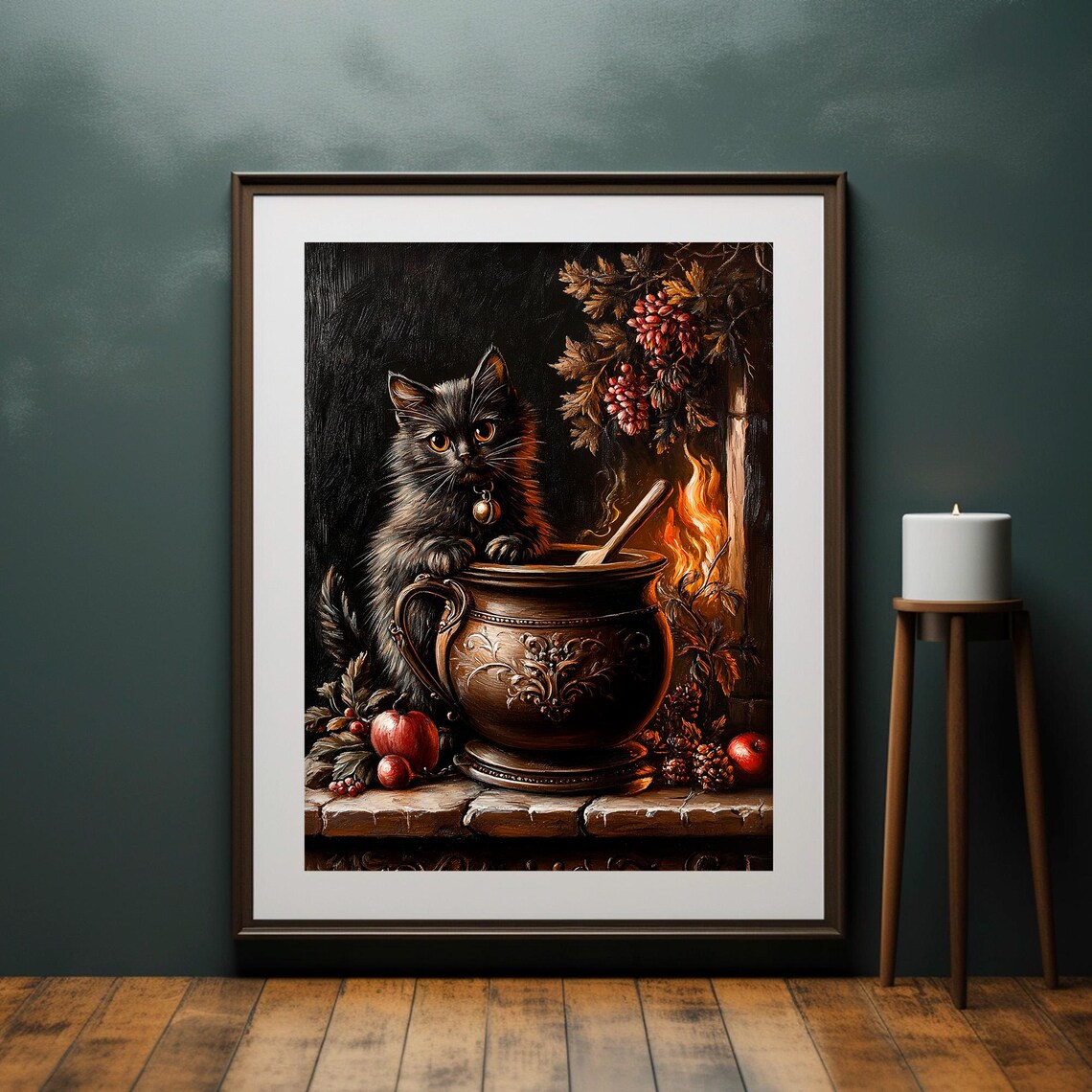 Black Cat in Witch Cauldron Copper Pot Autumn Berries Spooky Halloween Poster - Image 4