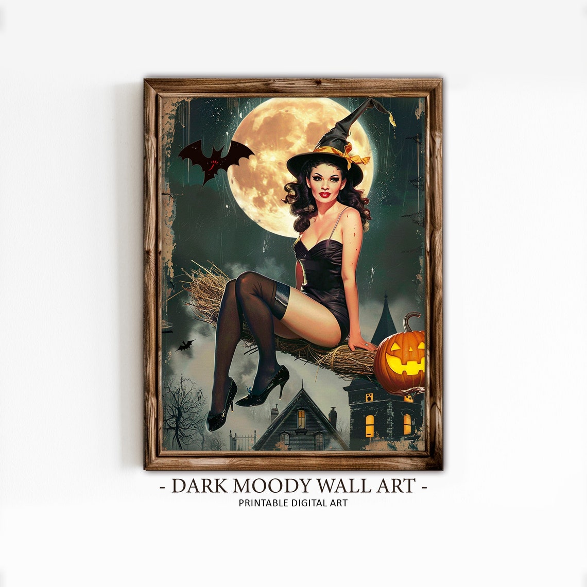 Pin Up Witch Broomstick Full Moon Haunted House Vintage Art Print