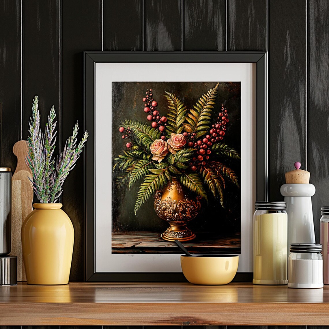 Roses and Berries in Gold Vase Moody Floral Still Life Poster - Image 4