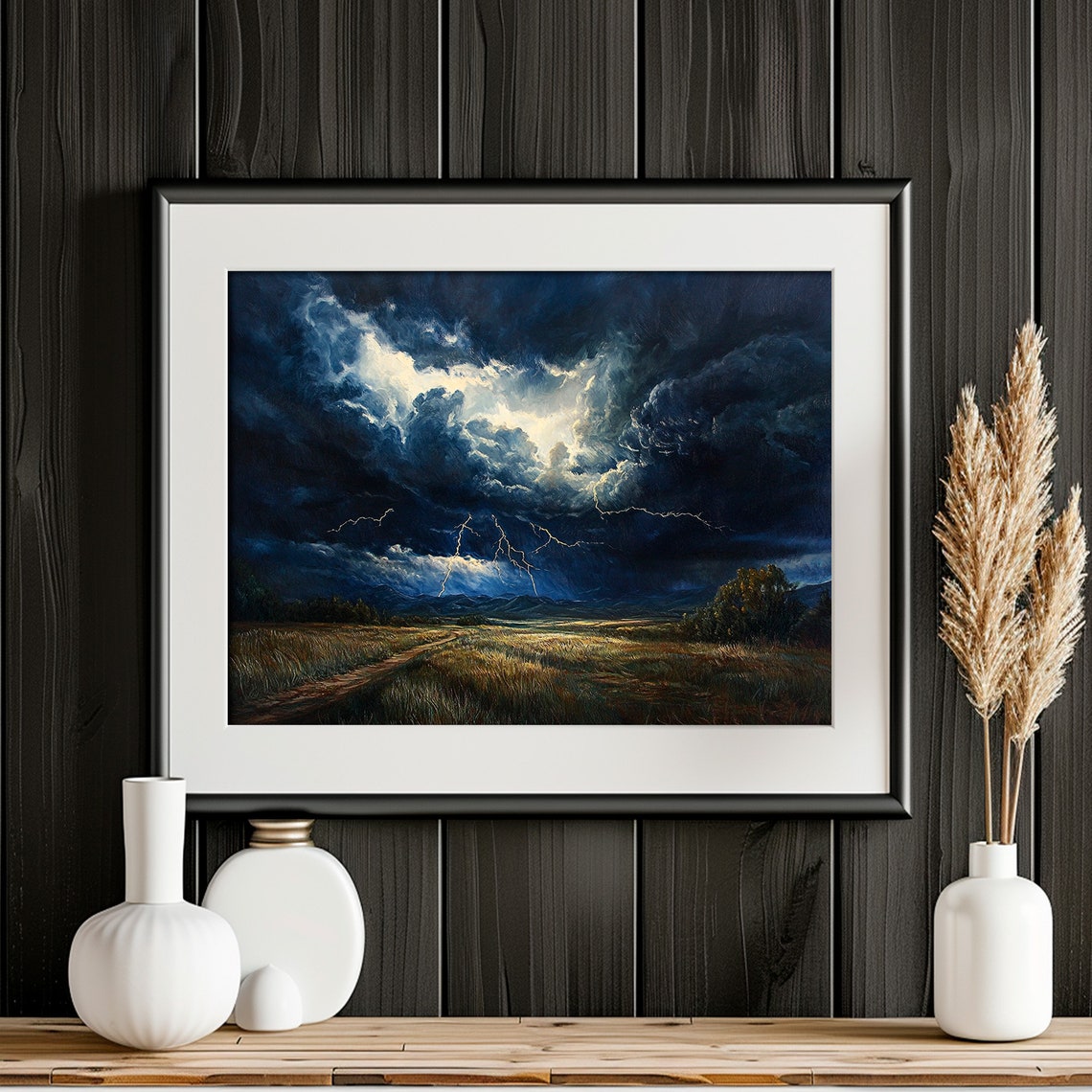 Thunderstorm Lightning Over Golden Field Dark Painting Poster - Image 4