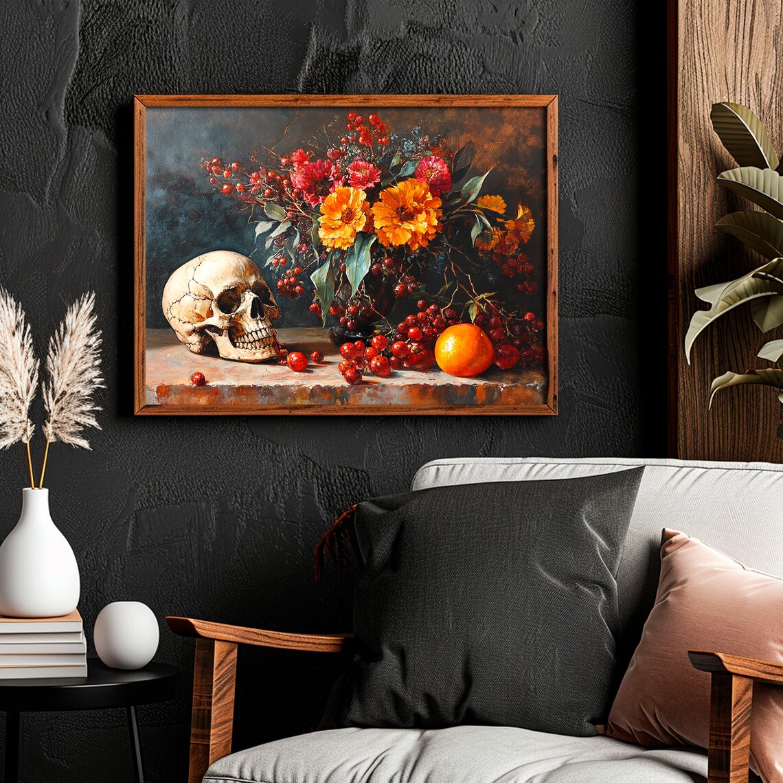Skull and Autumn Flowers Still Life Moody Floral Botanical Art Poster - Image 4
