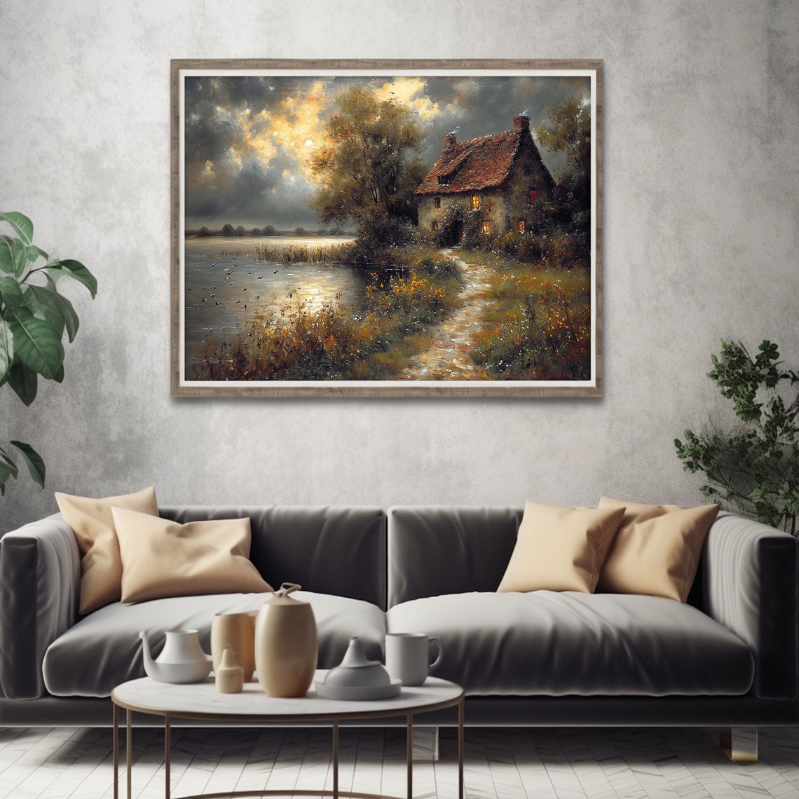 Twilight Lakeside Cottage Lit Windows Stormy Sunset Lake Poster - Image 4