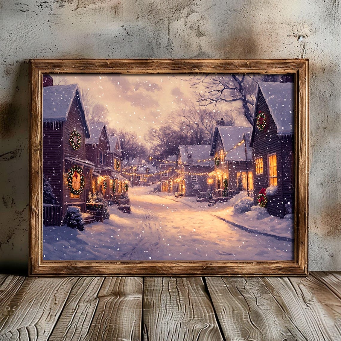 Snowy Village Street Twilight Wreaths String Lights Painting Poster - Image 5