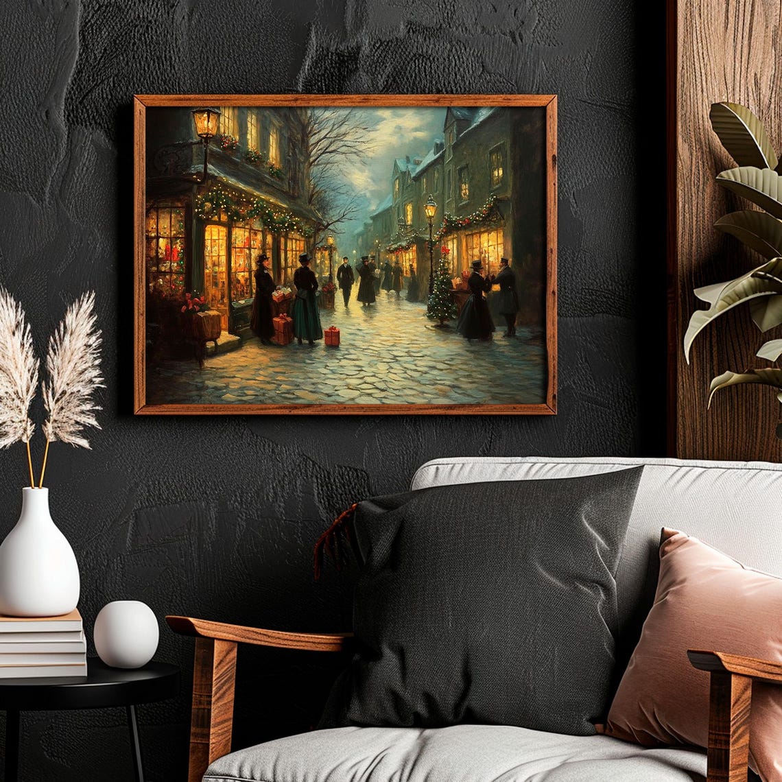 Victorian Christmas Shopping Street at Dusk With Lanterns Wall Art - Image 4