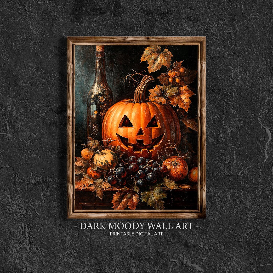 Jack-o-Lantern Still Life With Grapes Autumn Leaves Vintage Halloween Poster