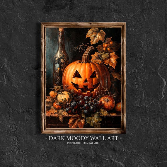 Jack O Lantern Pumpkin Decor Vintage Halloween Wall Art Fall Wall Art Moody Dark Cottagecore Painting Spooky Season Wall Decor