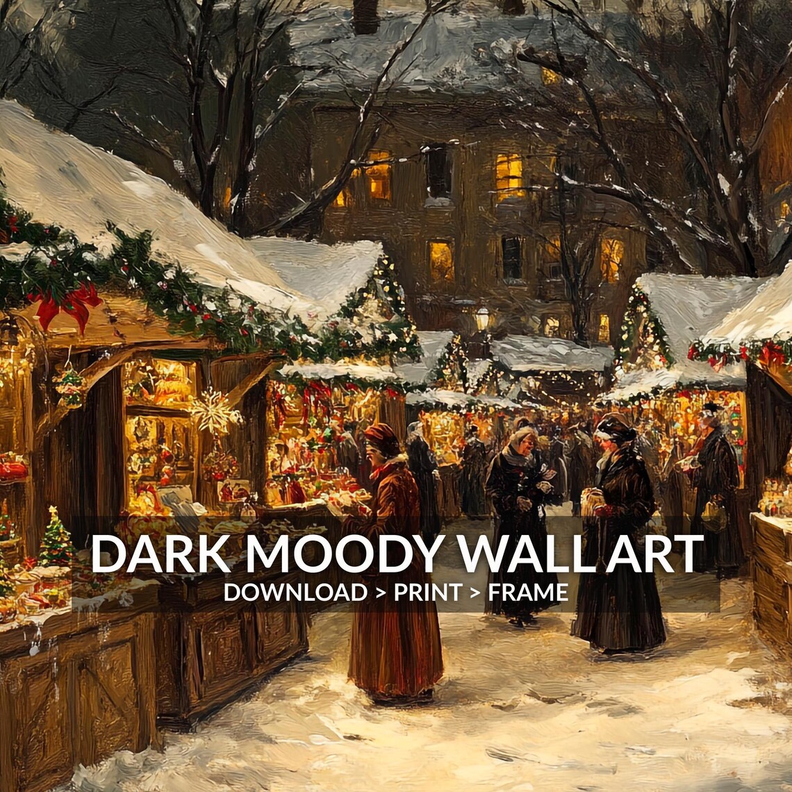 Snowy Christmas Market Stalls Night Shoppers Vintage Painting Poster - Image 6